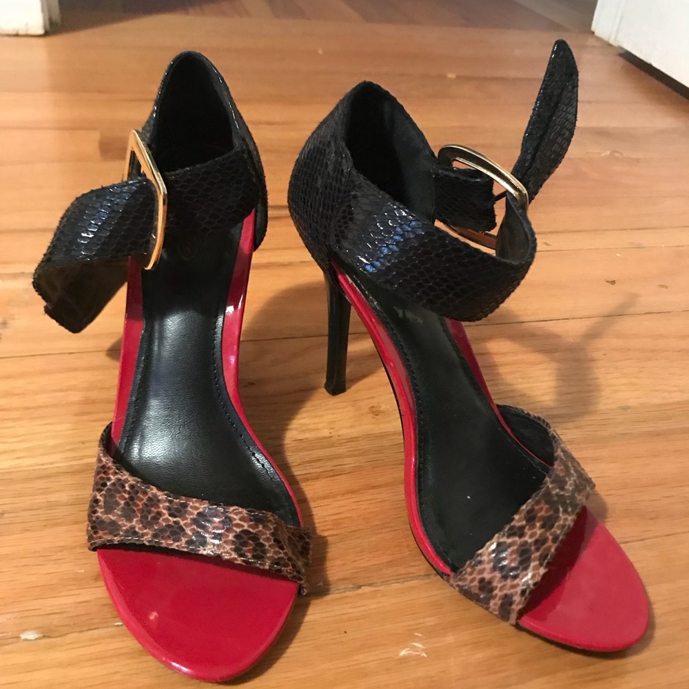 Red, black, and cheetah strapped heel